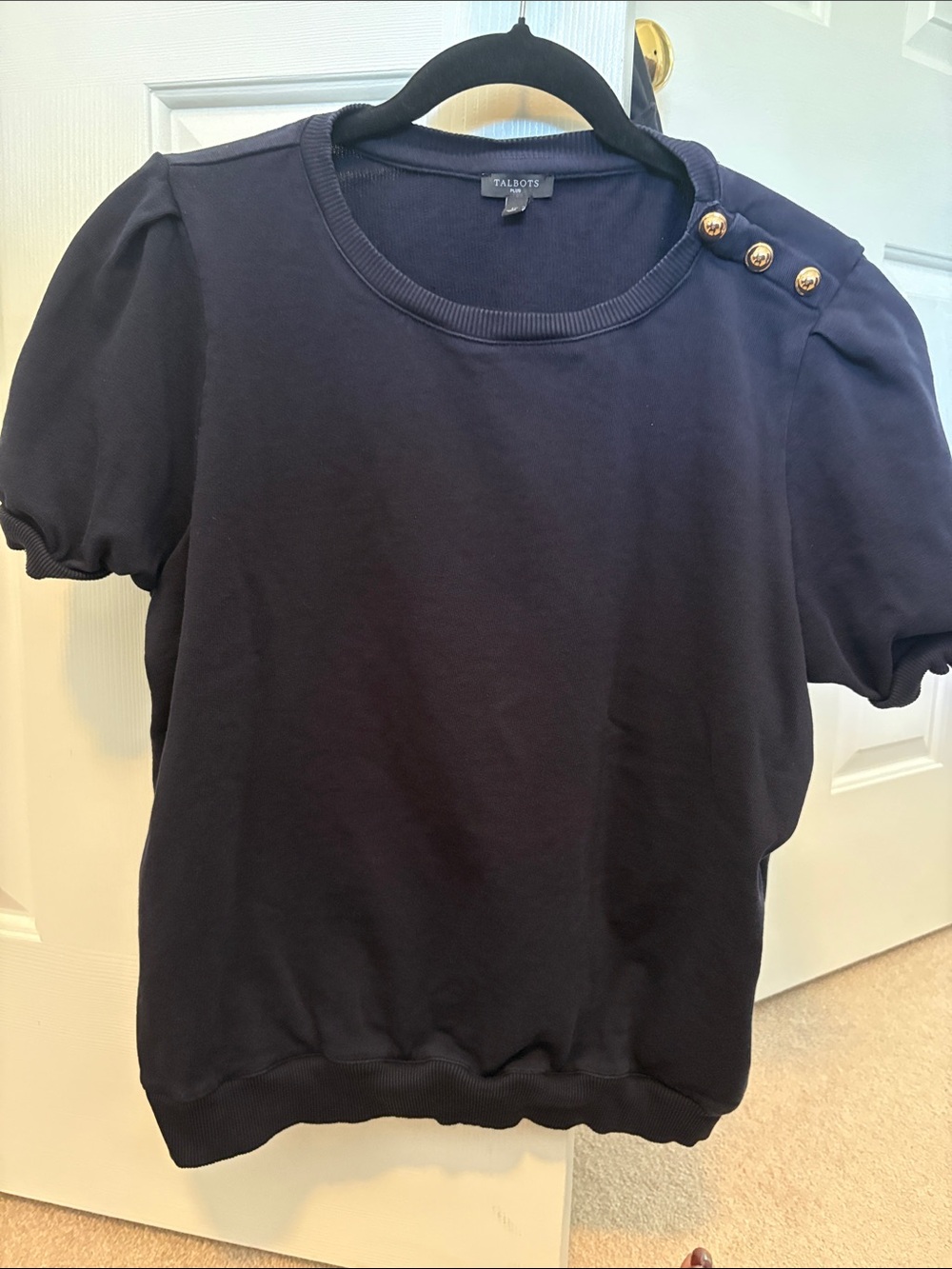 Talbots Navy Short-Sleeve Sweatshirt with Gold Shoulder Buttons